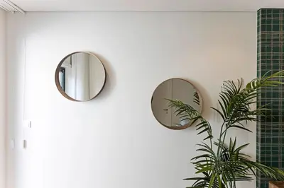 two mirrors on a wall next to a plant at Paraíso -1B w/ AC & Patio by LovelyStay in Porto