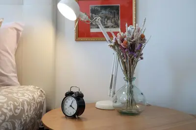 a vase with flowers and a clock on a table at Cedofeita Charming Flat in Porto