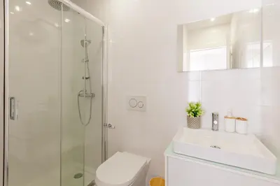 a bathroom with a shower and a toilet and a sink at D&S -JB Apartments in Porto
