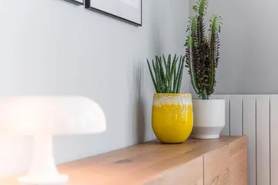 a yellow vase sitting on a wooden table with two plants at GuestReady - Colorful Apt near Agosto Station in Porto