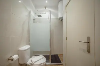 a bathroom with a toilet and a shower at Alegria Flat City Center with Elevator by Vacationy in Porto