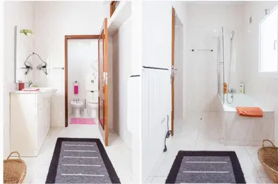 two images of a bathroom with a shower and a toilet at Casa do Mirante in Porto