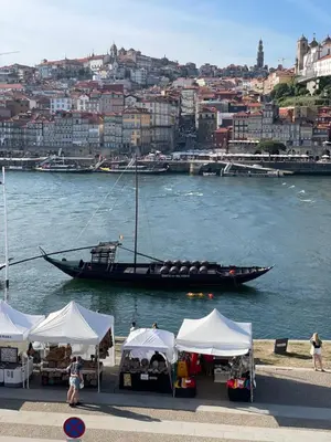 a boat in the water next to a city at Casa Anibal artistic Centrally located comfortable affordable in Porto