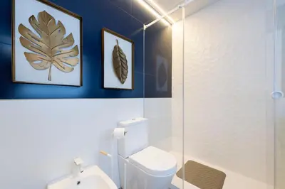a bathroom with a toilet and two pictures on the wall at Porta do sol Luxury Apartment in Porto