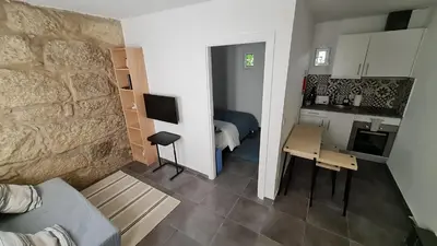 a small apartment with a kitchen and a living room at KirasHouse in Porto