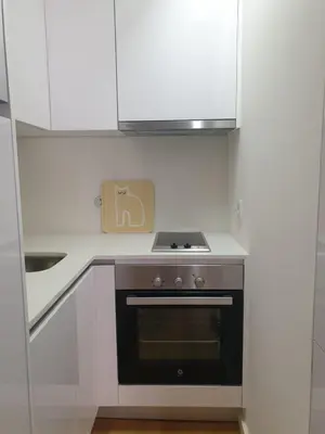 a small kitchen with a stove and white cabinets at Oporto Golden Flat in Porto