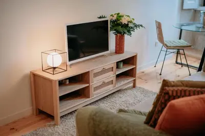 a living room with a television on a wooden entertainment center at Swimming Pool Luxury House, with AC Downtown Porto in Porto