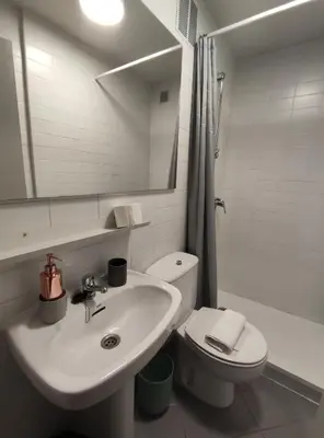 a bathroom with a sink and a toilet and a mirror at Oporto Batalha Nice View Flat in Porto
