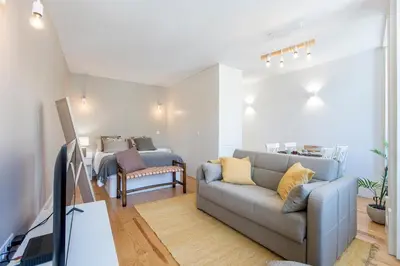 a living room with a couch and a bedroom at Cosy Flat Near Douro in Porto