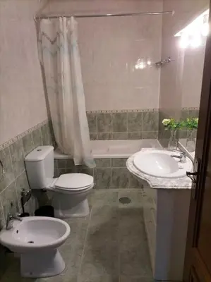 a bathroom with a toilet and a sink and a tub at Flores Apartment in Porto