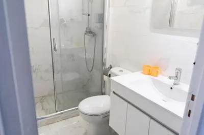 a bathroom with a shower and a toilet and a sink at Almada Downtown 304 in Porto