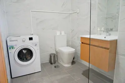 a bathroom with a washing machine and a sink at Tomás Flat in Porto
