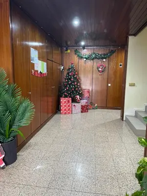 a christmas tree in a hallway with presents at Lindo apartamento em Gaia ao lado Bodegas in Vila Nova de Gaia