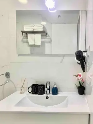 a white sink in a bathroom with a mirror at Almada Downtown 102 in Porto