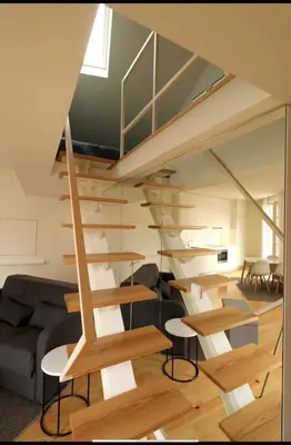 a staircase in a living room with wooden furniture at Rua das Flores Neighborhood in Porto