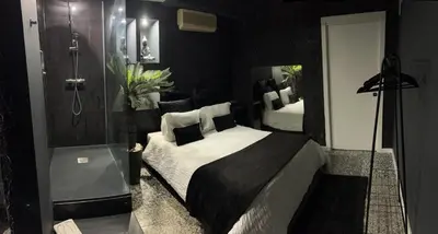 a bedroom with a large bed and a shower at Modern & Central 3 minutes from the River in Vila Nova de Gaia