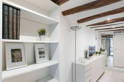 a living room with white walls and white shelves at InLapa Studio V Porto Terrace in Porto