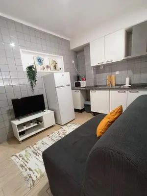 a living room with a couch and a kitchen at Ap Centro de Gaia in Vila Nova de Gaia