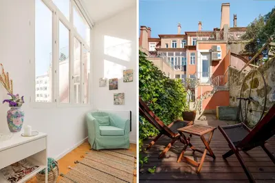 a room with a balcony with a chair and a table at MARKES · Lovely 1-bedroom home w/ sunny backyard in Porto