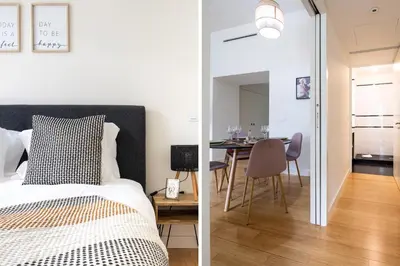 two pictures of a bedroom with a bed and a dining room at Aliados luxurious home in Porto