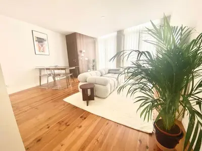 a living room with a couch and a potted plant at Padre António Vieira flat E - 2 Bedroom Near Campanhã train station in Porto