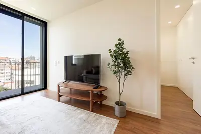 a living room with a tv and a table and a plant at Santos Pousada 1071 by LovelyStay in Porto